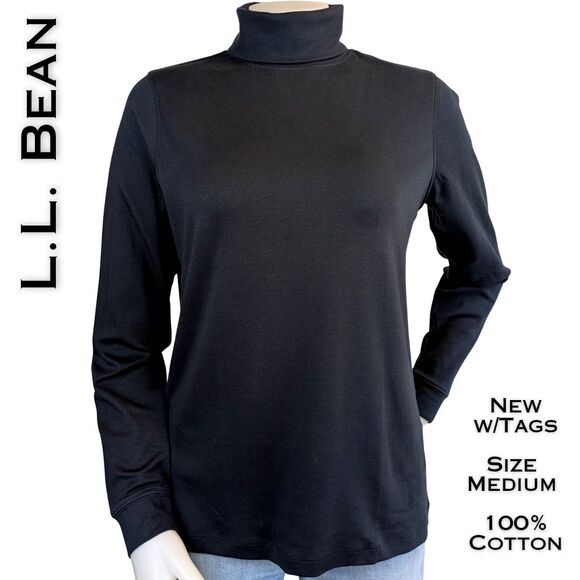 L.L. Bean Interlock Cotton Turtleneck Medium Black Long Sleeve Minimalist NEW - Picture 1 of 8